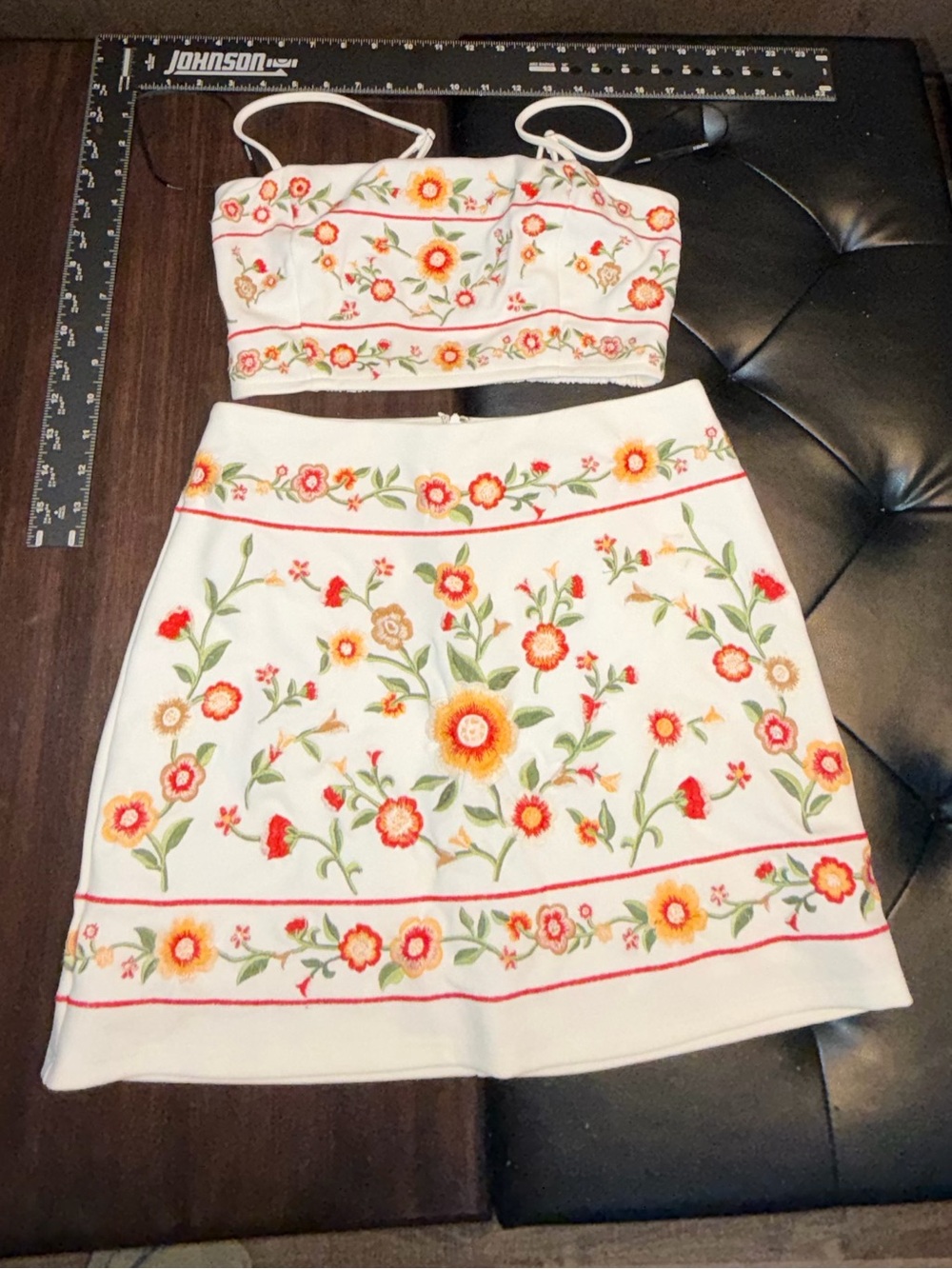 Forever 21 White Floral Embroidered Top and Skirt